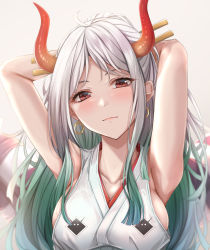 Rule 34 | 1girl, armpits, arms behind head, bare arms, blush, breasts, collarbone, commentary request, curled horns, earrings, green hair, grey background, grey hair, hair ornament, hair stick, head tilt, highres, horns, japanese clothes, jewelry, kataginu, large breasts, looking at viewer, multicolored hair, multicolored horns, one piece, oni, orange horns, sideboob, solo, two-tone hair, upper body, yamato (one piece), yellow horns, yuzuyu (hyui)