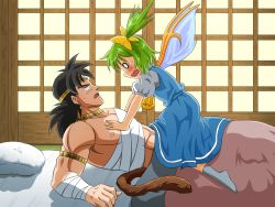 Rule 34 | 1boy, 1girl, abs, armband, ascot, bandages, bandaged arm, bandages, black hair, blanket, blue dress, blush, bow, broly (dragon ball z), circlet, commentary request, constricted pupils, crossover, daiyousei, dragon ball, dragonball z, dress, fairy wings, futon, green hair, hair bow, lying, monkey tail, muscular, no shoes, ohoho, on back, pillow, puffy short sleeves, puffy sleeves, short sleeves, side ponytail, size difference, sliding doors, solid circle eyes, sweatdrop, tail, touhou, wings