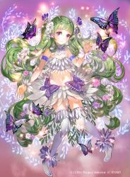 Rule 34 | 10s, 1girl, absurdly long hair, armband, bare shoulders, boots, bug, butterfly, closed mouth, crop top, detached collar, flower, full body, glint, gradient background, green hair, hair flower, hair ornament, hand up, insect, leaf, long hair, looking at viewer, midriff, miniskirt, navel, pink flower, plant, purple background, purple eyes, rioka (southern blue sky), skirt, smile, solo, thigh boots, thighhighs, twintails, very long hair, vines, watermark, wavy hair, white flower, white footwear, white skirt, wixoss, zettai ryouiki