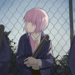 Rule 34 | 1girl, 2others, against fence, ambiguous gender, black skirt, blazer, blue eyes, blue jacket, blue sky, blurry, blurry foreground, chain-link fence, changjingliu ren ren, closed mouth, collared shirt, commentary, day, fence, foliage, graduation, highres, holding, jacket, kaf (kamitsubaki studio), kamitsubaki studio, long hair, long sleeves, looking to the side, low ponytail, multicolored eyes, multiple others, neck ribbon, hugging object, open clothes, open jacket, orange ribbon, out of frame, outdoors, pink eyes, pink hair, ribbon, school uniform, shirt, shirt tucked in, skirt, sky, smile, solo, straight-on, tube, upper body, virtual youtuber, white shirt, yellow pupils