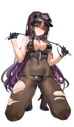 1girl absurdres bare_shoulders bikini black_bikini black_gloves black_hair black_hat breasts brown_pantyhose cleavage covered_navel facial_mark fate/grand_order fate_(series) fingerless_gloves forehead_mark gloves grin halterneck hat high_heels highres kneeling large_breasts long_hair looking_at_viewer multicolored_hair necktie pantyhose parted_bangs pink_hair police_hat ponytail riding_crop sessyoin_kiara sessyoin_kiara_(swimsuit_mooncancer) sessyoin_kiara_(swimsuit_mooncancer)_(second_ascension) shenqi_xiao_hong_zai_nali smile solo streaked_hair swimsuit thighs very_long_hair yellow_eyes