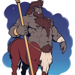 Rule 34 | 1boy, abs, animal penis, armlet, bara, beard, body fur, centauroid, chest tuft, collaboration request, dark-skinned male, dark skin, eyepatch, facial hair, feet out of frame, frown, highres, horse penis, k0utato, large pectorals, looking ahead, male focus, mature male, monster boy, muscular, muscular male, navel, navel hair, nipples, orc, original, pectorals, pelvic curtain, penis, pointy ears, red fur, solo, standing, stomach, strongman waist, taur, thick eyebrows, tusks