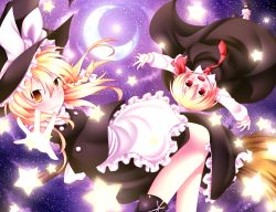 Rule 34 | 2girls, bad id, bad pixiv id, black dress, blonde hair, blush, bow, braid, broom, broom riding, crescent, crescent moon, dark495, dress, embodiment of scarlet devil, fangs, female focus, grin, hair bow, hair ribbon, hat, kirisame marisa, kuroyume (dark495), long hair, mary janes, moon, multiple girls, necktie, open mouth, outstretched arms, outstretched hand, red eyes, ribbon, rumia, shirt, shoes, short hair, skirt, sky, smile, star (sky), star (symbol), starry sky, touhou, witch, witch hat, yellow eyes