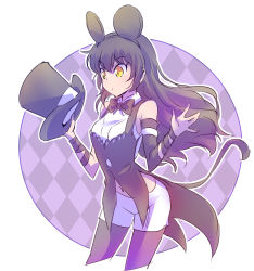 Rule 34 | 1girl, animal ears, argyle, argyle background, argyle clothes, bare shoulders, black bow, black bowtie, black hair, black hat, black pantyhose, blake belladonna, blush, bow, bowtie, cat tail, closed mouth, cowboy shot, cropped legs, detached sleeves, disney, fake animal ears, hat, highres, holding, holding clothes, holding hat, iesupa, long hair, long sleeves, mickey mouse ears, mouse ears, navel, outline, pantyhose, pantyhose under shorts, rwby, shorts, solo, standing, tail, top hat, unworn hat, unworn headwear, very long hair, w arms, white outline, white shorts, yellow eyes