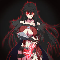 Rule 34 | 1girl, bandages, belt, black background, black hair, black shorts, breasts, bridal gauntlets, cleavage, collarbone, cowboy shot, floating hair, hair between eyes, hatsusora sakuta, highres, jewelry, large breasts, long hair, looking at viewer, red eyes, revealing clothes, ring, short shorts, shorts, simple background, solo, standing, tales of (series), tales of berseria, torn clothes, torn shorts, underboob, v-shaped eyebrows, velvet crowe, very long hair