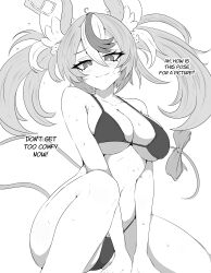 Rule 34 | 1girl, absurdres, animal ears, bikini, blush, bow, breasts, closed mouth, dice hair ornament, english text, greyscale, hair ornament, hakos baelz, highres, hololive, hololive english, large breasts, looking at viewer, mayoa, medium hair, monochrome, mouse ears, mouse girl, mouse tail, mousetrap, multicolored hair, simple background, smile, solo, sweat, swimsuit, tail, tail bow, tail ornament, twintails