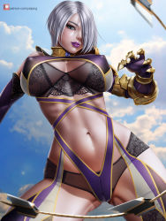 Rule 34 | 1girl, blue eyes, breasts, cleavage, covered erect nipples, hair over one eye, isabella valentine, large breasts, navel, short hair, soul calibur, sword, weapon, whip, white hair, yiqiang