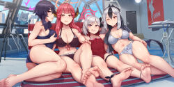 Rule 34 | 5girls, abubu, animal ear fluff, animal ears, aru (blue archive), ass, barefoot, bikini, black choker, black hair, black horns, blue archive, blue eyes, blue halo, blush, breasts, choker, closed mouth, collarbone, demon horns, feet, grey hair, hair between eyes, hair ornament, hairclip, halo, haruka (blue archive), highres, horns, indoors, kayoko (blue archive), large breasts, long hair, looking at viewer, multicolored hair, multiple girls, mutsuki (blue archive), navel, orange halo, pointy ears, pool, pool ladder, poolside, problem solver 68 (blue archive), purple eyes, purple halo, red eyes, rei no pool, shiroko (blue archive), side ponytail, small breasts, smile, soles, swimsuit, toes, two-tone hair, white hair, wolf ears