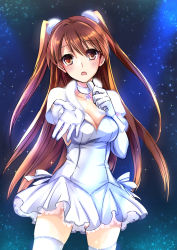Rule 34 | 10s, 1girl, breasts, brown eyes, brown hair, choker, cleavage, dress, gloves, highres, long hair, microphone, mintes, ogiso setsuna, solo, thighhighs, two side up, white album, white album (series), white album 2, white dress, white gloves, white thighhighs