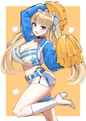 Rule 34 | 1girl, arm up, belt, black choker, blonde hair, blue belt, blue eyes, blunt bangs, blush, boots, border, bow, breasts, cheerleader, choker, cleavage, collarbone, cropped jacket, earrings, hair bow, hair ornament, high heel boots, high heels, highres, huge breasts, jacket, jewelry, large breasts, lina (michihasu), long hair, looking at viewer, michihasu, miniskirt, multicolored clothes, multicolored eyes, multicolored jacket, navel, original, panties, pantyshot, pom pom (cheerleading), sidelocks, skirt, smile, solo, star (symbol), star earrings, striped, thigh boots, thigh strap, thighhighs, thighs, twintails, underwear, very long hair, white border, white footwear, yellow background, yellow pom poms