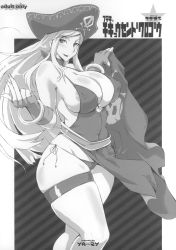 Rule 34 | 1girl, b.jenet, blonde hair, bracelet, breasts, covered erect nipples, curvy, dress, fatal fury, fingerless gloves, garou: mark of the wolves, gloves, greyscale, hat, highres, hip focus, huge breasts, inverted nipples, jenet behrn, jewelry, large breasts, long hair, monochrome, nipples, panties, pirate, pirate hat, plump, side-tie panties, smile, snk, solo, the king of fighters, thigh strap, thighs, translation request, underwear, wide hips, yunioshi