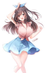 Rule 34 | 1girl, arms up, bad id, bad pixiv id, bare arms, bare legs, blue skirt, blush, bow, bracelet, breasts, brown eyes, brown hair, cleavage, clothes lift, fingernails, floating hair, floral print, hair between eyes, hair bow, hand on own head, highres, idolmaster, idolmaster shiny colors, jewelry, knees together feet apart, large breasts, long fingernails, long hair, looking at viewer, open mouth, ponytail, shadow, shirt, signature, simple background, skirt, skirt lift, sleeveless, smile, solo, standing, tsukioka kogane, twitter username, wavy hair, zinno