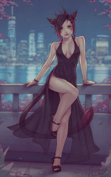 Rule 34 | 1girl, against railing, animal ears, warrior of light (ff14), bare shoulders, black dress, black hair, blurry, blurry background, bracelet, braid, breasts, breasts apart, cat ears, cat tail, cherry blossoms, city, city lights, closed mouth, commission, dress, earrings, facial mark, fictional persona, final fantasy, final fantasy xiv, green eyes, halterneck, jewelry, against railing, lips, looking at viewer, marie makise, medium breasts, miqo&#039;te, multicolored hair, night, outdoors, railing, see-through, short hair, side slit, solo, soranamae, standing, standing on one leg, tail, two-tone hair