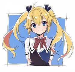 Rule 34 | 1girl, :3, ahoge, black ribbon, blonde hair, blue background, blue eyes, blush, bow, closed mouth, commentary, crossed bangs, floating hair, grisaia (series), grisaia no kajitsu, hair between eyes, hair ribbon, long hair, looking at viewer, matsushima michiru, plaid, plaid bow, red bow, ribbon, school uniform, short eyebrows, short sleeves, signature, simple background, sketch, smile, solo, twintails, two-tone background, u35, upper body, white background
