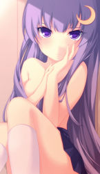 Rule 34 | 1girl, bad id, bad pixiv id, blush, breasts, crescent, crescent hair ornament, female focus, hair censor, hair ornament, hair over breasts, hand on own chin, kabata (mechisan), long hair, looking at viewer, medium breasts, patchouli knowledge, purple eyes, purple hair, skirt, solo, topless, touhou, white legwear