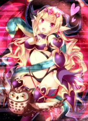 Rule 34 | 1girl, bad id, bad pixiv id, bird, blonde hair, breasts, demon tail, earrings, fang, heart, heart earrings, homarerererere, horns, jewelry, lilith (p&amp;d), long hair, medium breasts, navel, open mouth, owl, pink eyes, pointy ears, puzzle &amp; dragons, smile, snake, solo, tail, very long hair, wavy hair