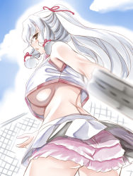 Rule 34 | 1girl, aged up, alternate breast size, ass, back, bare shoulders, blurry, breasts, cloud, cloudy sky, hair ribbon, hakkai, high ponytail, highres, kantai collection, large breasts, lips, long hair, looking at viewer, looking back, murakumo (kancolle), no bra, orange eyes, parted lips, pleated skirt, racket, ribbon, sidelocks, skirt, sky, solo, sportswear, tennis racket, tennis uniform, underboob, white hair