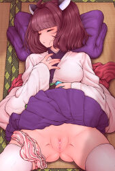 Rule 34 | blunt bangs, breasts, brown hair, censored, citone, cleft of venus, clothes lift, covered erect nipples, green trim, hand on own chest, headgear, heart, heart censor, highres, japanese clothes, kimono, medium breasts, medium hair, nintendo switch, obi, open mouth, panties, panties around leg, pillow, pleated skirt, purple skirt, purple trim, pussy, sash, skirt, skirt lift, sleeping, striped clothes, striped panties, tatami, thighhighs, touhoku kiritan, underwear, voiceroid, white kimono, white thighhighs