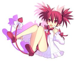 Rule 34 | 1girl, :o, bow, cosplay, demon tail, disgaea, earrings, etna (disgaea), fang, flonne, flonne (cosplay), flonne (fallen angel), full body, heart, heart earrings, jewelry, leotard, lololotton, makai senki disgaea, pointy ears, red bow, red eyes, red hair, red leotard, short hair, slit pupils, solo, spiked hair, tail, tail bow, tail ornament, twintails, white background, white bow