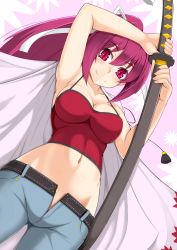 Rule 34 | 1girl, alfort (may0508), armpits, belt, blush, breasts, camisole, cleavage, collarbone, colored eyelashes, denim, hair ribbon, hand on hilt, high ponytail, jacket, jacket on shoulders, jeans, katana, long hair, lying, midriff, navel, on back, open fly, pants, pink eyes, ponytail, purple hair, red eyes, ribbon, sheath, slit pupils, smile, solo, sword, tank top, under night in-birth, unzipped, weapon, yuzuriha (under night in-birth)