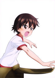 Rule 34 | 10s, 1girl, absurdres, brown eyes, brown hair, girls und panzer, gym shirt, gym uniform, highres, isobe noriko, looking to the side, matching hair/eyes, official art, open mouth, shirt, short hair, short sleeves, simple background, solo, tank turret, white background, white shirt