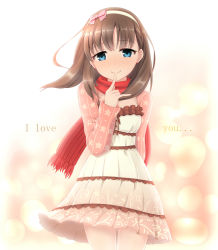 Rule 34 | 10s, 1girl, blue eyes, blush, bow, brown hair, english text, finger to mouth, hair bow, hairband, hekomii, highres, idolmaster, idolmaster cinderella girls, long sleeves, pussy juice, pussy juice trail, sakuma mayu, scarf, short hair, smile, solo, when you see it