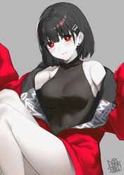 Rule 34 | + +, 1girl, absurdres, artist name, bare legs, bare shoulders, black hair, blush, bob cut, breasts, closed mouth, collarbone, commentary request, covered navel, dhokidoki, earrings, feet out of frame, grey background, hair ornament, hairclip, highres, huge filesize, impossible clothes, jacket, jewelry, knees up, long sleeves, looking at viewer, medium breasts, mole, mole under eye, no pants, off shoulder, original, pale skin, pink lips, red eyes, red jacket, short hair, signature, simple background, sitting, smile, solo, stud earrings, x hair ornament