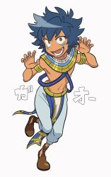 Rule 34 | 1boy, beyblade, beyblade: burst, blue hair, brown footwear, claw pose, dot nose, egyptian clothes, fingernails, full body, gold armlet, grey eyes, highres, laban vanot, looking at viewer, male focus, navel, pants, short hair, simple background, solo, teeth, translation request, uochandayo, usekh collar, white background, white pants