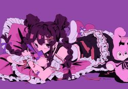 Rule 34 | 1girl, bandaid, bow, braid, cellphone, denonbu, double bun, hair bow, hair bun, inubousaki shian, looking at viewer, lying, mor ning7z, no mouth, hugging object, on stomach, phone, pillow, pillow hug, purple eyes, rabbit, simple background, skirt, smartphone, solo, stuffed toy, twin braids, wings