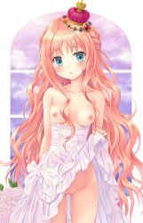 Rule 34 | 1girl, :o, aqua eyes, atelier (series), atelier meruru, bad id, bad pixiv id, blush, breasts, cleft of venus, clothes lift, clothes pull, collarbone, crown, dress, dress lift, dress pull, female focus, flower, groin, highres, long hair, looking at viewer, merurulince rede arls, mini crown, n.g., nipples, no bra, no panties, open mouth, pink flower, pink rose, pussy, red hair, rose, solo, standing, topless, uncensored, very long hair, wavy hair, white dress