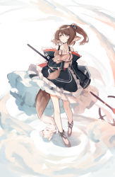 Rule 34 | 1girl, animal, animal ears, arknights, black footwear, blue bow, blue dress, bow, brown eyes, brown hair, commentary request, dress, fox, fox ears, fox girl, fox tail, frilled dress, frills, full body, hair bow, high heels, highres, holding, holding animal, holding staff, long hair, looking afar, perfumer (arknights), ponytail, renren, solo, staff, tail, weibo watermark, white background