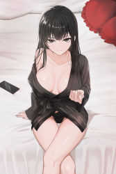 Rule 34 | 1girl, a.h., bathrobe, black eyes, black hair, black panties, black robe, blunt bangs, breasts, cellphone, closed mouth, collarbone, come hither, commentary request, crossed legs, hand up, highres, korean commentary, large breasts, lingerie, long hair, looking at viewer, on bed, open clothes, original, panties, phone, pillow, robe, smartphone, smile, solo, straight hair, thigh gap, thighs, underwear, wet, wet hair