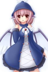 Rule 34 | 1girl, alternate costume, bare shoulders, bird wings, detached sleeves, dress, feathers, hand up, hat, layered dress, light purple hair, mystia lorelei, parted lips, red eyes, rishu (stilla stella), simple background, solo, touhou, white background, wings