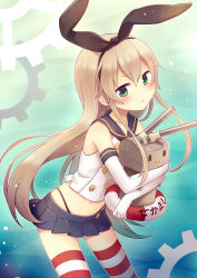 Rule 34 | 10s, 1girl, :3, amane kurumi, blonde hair, blush, elbow gloves, frown, gloves, green eyes, hairband, kantai collection, lifebuoy, long hair, looking at viewer, navel, personification, rensouhou-chan, shimakaze (kancolle), skirt, striped clothes, striped thighhighs, swim ring, thighhighs