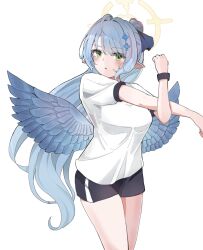 Rule 34 | 1girl, absurdres, black shorts, blue archive, blue hair, blue wings, breasts, green eyes, gym uniform, halo, highres, large breasts, long hair, mine (blue archive), pointy ears, ponytail, shirt, shorts, stretching, unli free, white background, white shirt, wings, wristband, yellow halo