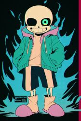 Rule 34 | 1boy, absurdres, aqua eyes, aqua fire, aqua jacket, artist name, black background, black shorts, commentary request, fire, full body, grey hood, grin, halftone, halftone background, hands in pockets, highres, hollow eyes, hood, hood down, hooded jacket, jacket, kansou (kanso 1), long sleeves, looking at viewer, multicolored clothes, multicolored eyes, multicolored shorts, open clothes, open jacket, pink footwear, sans (undertale), shirt, shorts, skeleton, slippers, smile, socks, solo, standing, teeth, twitter username, two-tone eyes, two-tone shorts, undertale, white shirt, white shorts, white socks, yellow eyes