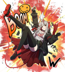 Rule 34 | 1girl, antenna hair, arknights, armband, belt, belt pouch, black belt, black footwear, black gloves, black jacket, black shorts, black thighhighs, breasts, commentary, cross-laced footwear, demon horns, demon tail, detonator, english text, explosion, explosive, falling, fingerless gloves, full body, gloves, grenade, grey hair, grey shirt, highres, horns, jacket, looking at viewer, medium breasts, medium hair, multicolored hair, open clothes, open jacket, outline, parted lips, pouch, red armband, red eyes, red footwear, red hair, samacho, shirt, shirt tucked in, shoes, short shorts, shorts, smile, solo, sound effects, tail, tank top, thighhighs, two-tone footwear, two-tone hair, unzipped, w (arknights), waist cape, white outline