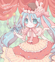 Rule 34 | 1girl, aqua eyes, aqua hair, birthday, cake, candle, dress, food, food-themed clothes, fruit, hair ribbon, hatsune miku, long hair, pastry, ribbon, smile, solo, strawberry, totsuki (candy beat), twintails, very long hair, vocaloid