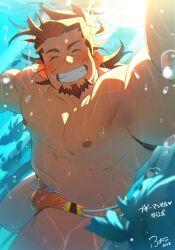 Rule 34 | 1boy, ^ ^, bara, blush, boogeyman (housamo), brown hair, character name, closed eyes, facial hair, fai (fai-storage), fat, fat man, goatee, grin, highres, male focus, male swimwear, multicolored hair, muscular, muscular male, nipples, official alternate costume, orange male swimwear, scar, scar on face, scar on nose, smile, solo, swimsuit, tokyo houkago summoners, topless male, two-tone hair, underwater