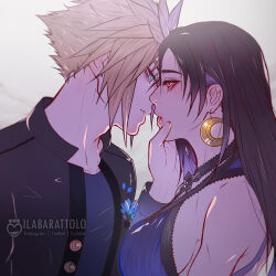 Rule 34 | 1boy, 1girl, artist name, bare arms, bare shoulders, black hair, black jacket, blonde hair, blue dress, blue eyes, blue flower, blue shirt, breasts, buttons, casual, cloud strife, collarbone, commentary, couple, crescent, crescent earrings, crescent moon, dress, earrings, english commentary, eye contact, eyeliner, eyeshadow, final fantasy, final fantasy vii, final fantasy vii remake, flower, from side, gold earrings, hair behind ear, half-closed eyes, hand on another&#039;s face, hand up, hetero, highres, ilabarattolo, imminent kiss, jacket, jewelry, large breasts, lips, long hair, long sleeves, looking at another, makeup, moon, neck, official alternate costume, red eyes, shirt, sideboob, single earring, sleeveless, sleeveless dress, spiked hair, square enix, straight hair, tifa lockhart, tifa lockhart (refined dress), toned, upper body, watermark