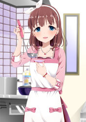 Rule 34 | 10s, 1girl, apron, blue eyes, blush, brown hair, earrings, female focus, hair ribbon, hairband, heart, heart earrings, heart necklace, idolmaster, idolmaster cinderella girls, jewelry, ladle, looking at viewer, necklace, open mouth, pinky out, ribbon, sakuma mayu, saucer, short hair, smile, solo, tottoto tomekichi