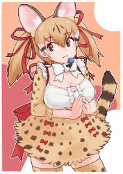 Rule 34 | 1girl, absurdres, animal costume, animal ear fluff, animal ears, bow, bowtie, breasts, brown eyes, brown hair, cat ears, cat girl, cat tail, closed mouth, highres, kemono friends, kemono friends v project, kneehighs, large-spotted genet (kemono friends), large breasts, long hair, looking at viewer, microphone, ribbon, shirt, simple background, skirt, socks, solo, tail, toriny, twintails, virtual youtuber