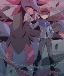 Rule 34 | 1boy, 343rone, artist name, baseball cap, belt, belt buckle, black pants, blue jacket, brown hair, buckle, chain, closed mouth, commentary request, creatures (company), game freak, gen 5 pokemon, grey eyes, hand on own hip, hand up, hat, highres, hilbert (pokemon), hydreigon, jacket, light frown, long sleeves, male focus, nintendo, one-hour drawing challenge, pants, pokemon, pokemon (creature), pokemon bw, red footwear, shoes, short hair, standing, watermark, zipper pull tab