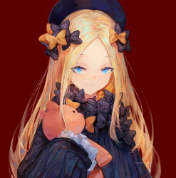Rule 34 | 1girl, abigail williams (fate), black bow, black dress, black hat, blonde hair, blue eyes, blush, bow, closed mouth, commentary request, dress, fate/grand order, fate (series), forehead, hair bow, hat, holding, holding stuffed toy, kisei2, long hair, long sleeves, looking at viewer, orange bow, parted bangs, polka dot, polka dot bow, red background, simple background, sleeves past wrists, smile, solo, stuffed animal, stuffed toy, teddy bear, very long hair