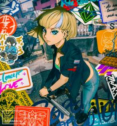 Rule 34 | 1girl, asymmetrical sleeves, aurahack, baseball bat, black jacket, blue eyes, blue eyeshadow, blue pants, bob cut, breasts, cleavage, commentary, denim, downblouse, ear piercing, earrings, english commentary, eyeliner, eyeshadow, graffiti, highres, jacket, jeans, jewelry, leaning forward, looking at viewer, makeup, medium breasts, midriff, mismatched sleeves, multicolored hair, open clothes, open jacket, original, pants, photo background, piercing, planted, punk, shoes, short hair, sneakers, solo, sticker, strapless, streaked hair, stud earrings, tight clothes, tight pants, tsurime, tube top, weapon, wristband