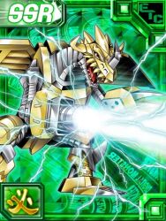 Rule 34 | android, arm cannon, armor, attack, card (medium), claws, digimon, digimon collectors, electricity, energy cannon, full armor, horns, looking to the side, lowres, machine, mecha, mechanical arms, no humans, official art, red eyes, robot, sharp teeth, tail, teeth, weapon, zekegreymon