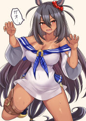 1girl absurdres animal_ears animal_print bare_shoulders bikini black_bikini blue_neckerchief blue_sailor_collar breasts claw_pose cleavage commentary_request dark-skinned_female dark_skin ear_ornament fang hair_ornament hairclip highres hishi_amazon_(umamusume) horse_ears horse_girl horse_tail large_breasts long_hair long_sleeves looking_at_viewer neckerchief open_mouth sailor_collar shirt smile solo swimsuit tail tan tanline teaclaw thigh_strap tiger_print umamusume very_long_hair white_background white_shirt wide_sleeves