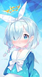 Rule 34 | 1girl, arona (blue archive), blue archive, blue background, blue eyes, blue hair, blush, commentary request, hair over one eye, halo, headband, highres, looking at viewer, pout, school uniform, simple background, solo, tears, translation request, tyutaka0427