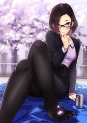 Rule 34 | 1girl, alcohol, beer, belt, blazer, blush, brown eyes, brown hair, business suit, cherry blossoms, commentary request, crossed legs, feet, formal, glasses, grin, hand on own chin, highres, jacket, kagematsuri, looking at viewer, mat, mole, mole under mouth, no shoes, office lady, open clothes, open jacket, original, outdoors, pantyhose, parted bangs, pencil skirt, purple shirt, shirt, short hair, sitting, skirt, smile, solo, suit, toes, tree
