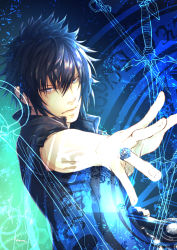 Rule 34 | 1boy, black gloves, black hair, black jacket, blue eyes, casting spell, closed mouth, final fantasy, final fantasy xv, fingerless gloves, fingernails, gloves, glowing, hair between eyes, highres, holding, holding sword, holding weapon, jacket, jewelry, light particles, magic, magic circle, male focus, moriiiiiiiiiinn, noctis lucis caelum, open clothes, open jacket, ring, signature, single glove, solo, sword, weapon
